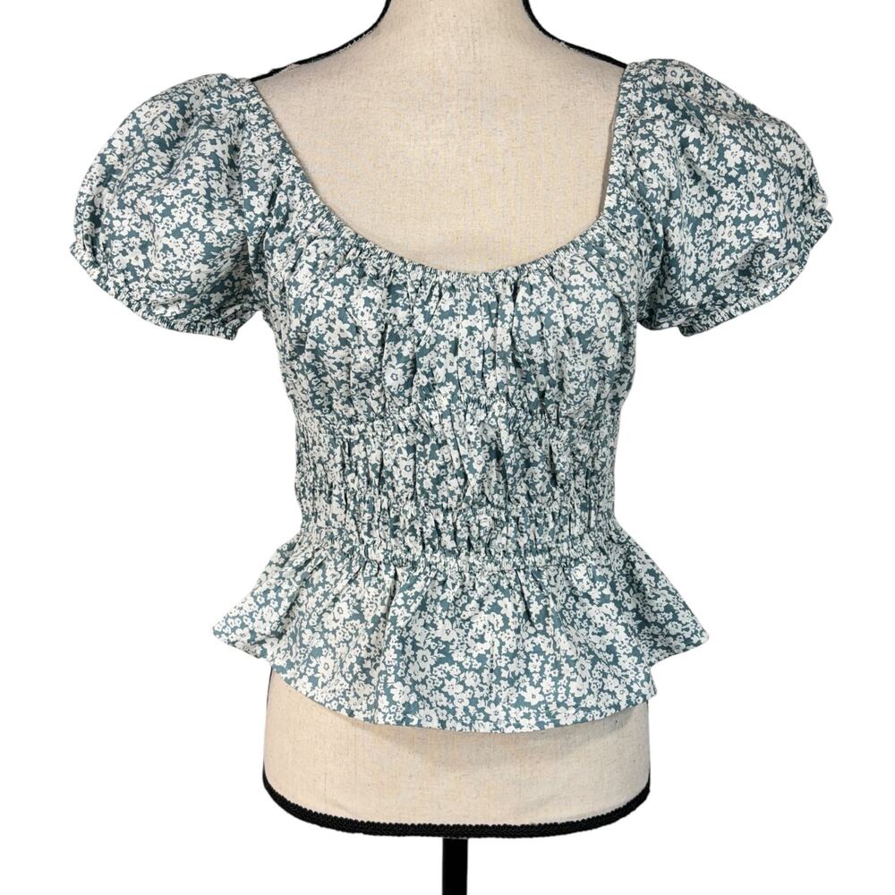 Sim & Sam Large Ditsy Peasant Top Floral Off-Shoulder Puff Sleeves Stretch Multi